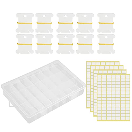 Mikihat Accesorios Punto de Cruz, Caja Bordar, Caja Organizadora de Hilo de Bordar con 100 Plástico Blanco Punto de Cruz Bobinas y 4 Adhesivas en Blanco para Bordar Coser Artesanal DIY