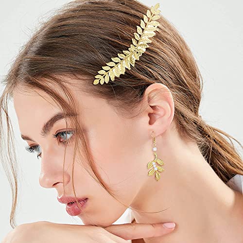 MILACOLATO 8Pz Accesorios Disfraz Diosa Griega Dorada Para Mujer, Set De Disfraz Diosa Griega Diadema De Hoja Pulsera De Bobina Pendientes Colgantes De Hoja Peineta Nupcial Joyas Para Boda Fiesta Toga