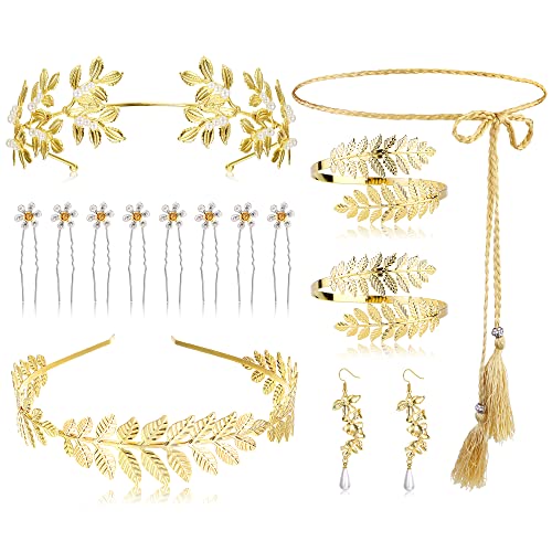 MILACOLATO Griega Diosa Disfraz Accesorios Joyas para Mujer Dorado Laurel Hojas Corona Tiara Brazo Superior Pulsera Bobina Tocado Pendientes Cinturón Bisuteria Joyería para Fiesta Boda Halloween 14A