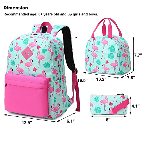 Mimfutu Mochila Escolar Niña Chica, Mochilas Escolares Mochila Colegio para Adolescentes Juveniles Infantiles con Bolsa de Almuerzo Estuche de Lápices (Flamenco)