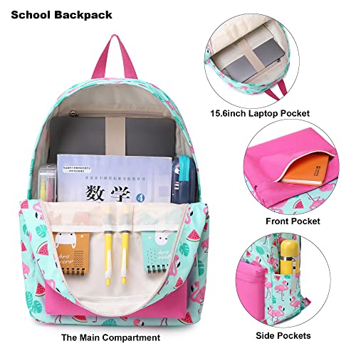 Mimfutu Mochila Escolar Niña Chica, Mochilas Escolares Mochila Colegio para Adolescentes Juveniles Infantiles con Bolsa de Almuerzo Estuche de Lápices (Flamenco)