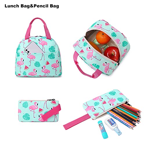 Mimfutu Mochila Escolar Niña Chica, Mochilas Escolares Mochila Colegio para Adolescentes Juveniles Infantiles con Bolsa de Almuerzo Estuche de Lápices (Flamenco)