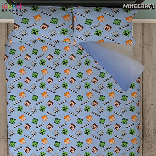 Minecraft Juego Oficial de Funda de edredón Doble, diseño épico, Reversible, 2 Caras, Incluye Fundas de Almohada a Juego, Juego de Cama Doble de Character World Brands Gaming | polialgodón