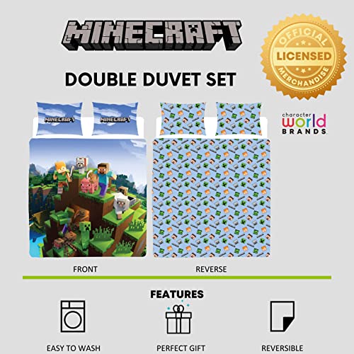 Minecraft Juego Oficial de Funda de edredón Doble, diseño épico, Reversible, 2 Caras, Incluye Fundas de Almohada a Juego, Juego de Cama Doble de Character World Brands Gaming | polialgodón