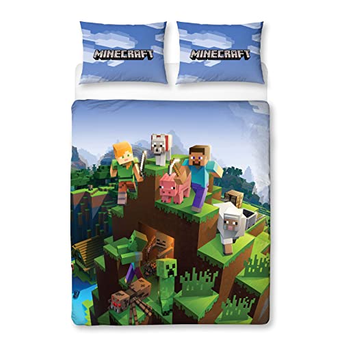 Minecraft Juego Oficial de Funda de edredón Doble, diseño épico, Reversible, 2 Caras, Incluye Fundas de Almohada a Juego, Juego de Cama Doble de Character World Brands Gaming | polialgodón