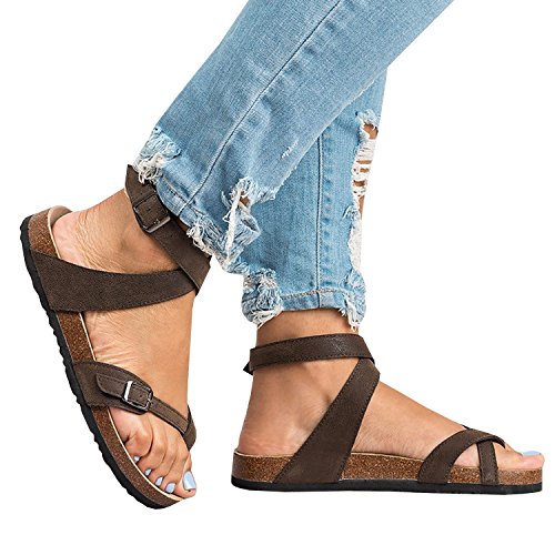 Minetom Sandalias Mujeres Bohe Rhinestone Moda Plano Talla Grande Bohemia Sandalias Casuales Zapatos de Playa Sandalias Romanas Chanclas de Damas Marrón EU 39