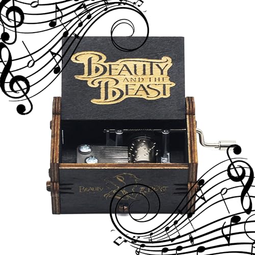 MINGZE Caja de música de Madera manivela, Pure Hand-Classical Music Box Hand-Wooden Music Box Creative Wooden Crafts Best Gifts, Variedad de Estilos (Beauty and The Beast（Black）)