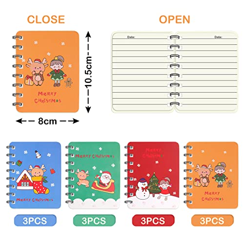 Mini Cuaderno de Navidad, 12 Piezas Mini Diario Bloc de Notas, Portátil Pequeño Bloc de Notas en Espiral, Cuaderno de Bolsillo, Mini Cuaderno de Papá Noel de Muñeco de Nieve para Niños