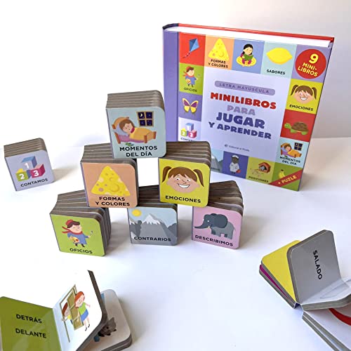 Minilibros para jugar y aprender: Cuentos bebés - Caja con 9 minilibros apilables; Aprender conceptos y palabras, juego, de 0 a 5 años