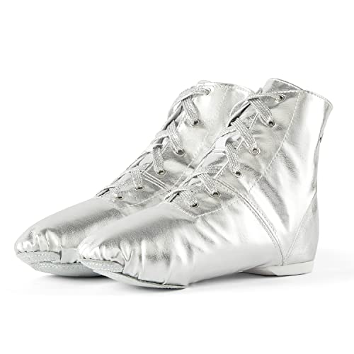 missfiona Botas de jazz, zapatos de baile para mujer, con cordones, zapatos planos de baile con suela dividida, Silver, 36.5 EU