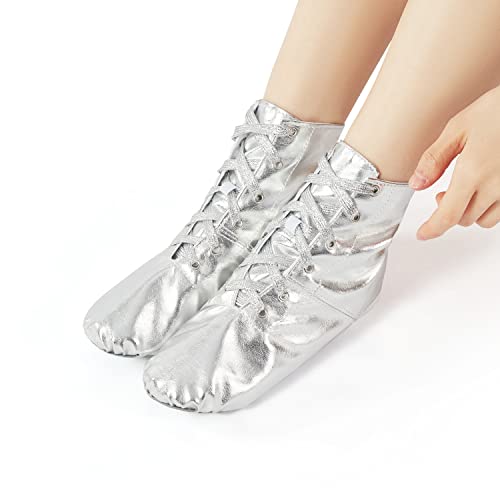 missfiona Botas de jazz, zapatos de baile para mujer, con cordones, zapatos planos de baile con suela dividida, Silver, 36.5 EU