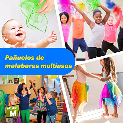 Mister M | Set de pañuelos para Malabares | 12 Telas 60x60cm | Pañuelos de Gasa para Danza, Magia, Actividades sensoriales y Malabares en Cascada | 12 Colores Diferentes | con Video Tutorial Online