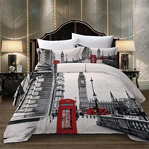 MIUNNG Moderno Paisaje de la Ciudad Ropa de Cama Torre Eiffel Estatua de la Libertad Hermoso Ciudad Escena Nocturna Funda Nórdica Adulto Estudiante (Londres, 220 × 220cm- Cama 135cm)