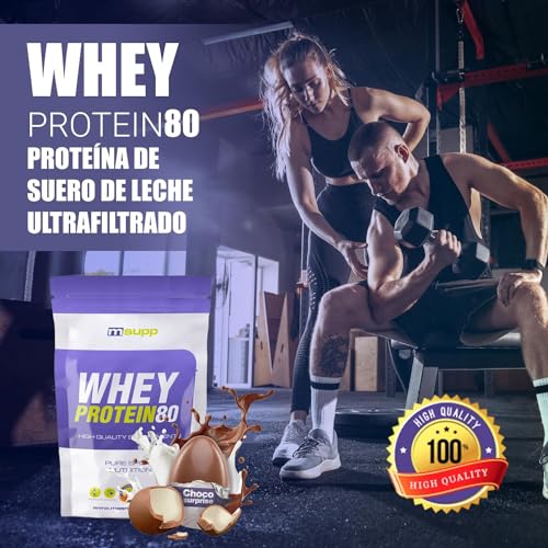 MM Supplements - Proteína Whey 80 - Bote de 1 Kg - Proteína Suero de Leche - Batido para Ganar Masa Muscular - Ayuda en la Recuperación Muscular - Sabor Choco Surprise