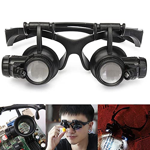 MMOBIEL Gafas con Lupa de Aumento para reparación de Relojes y para joyeros con 4 Lentes, luz LED para reparación de Relojes, joyería, teléfono Inteligente 10/15/20/25X Zoom Incl. Manual y Correa