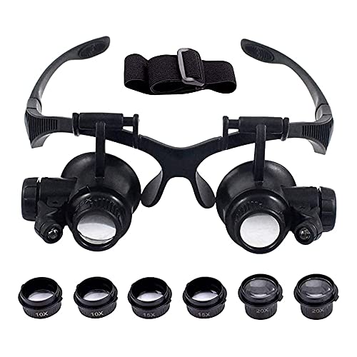 MMOBIEL Gafas con Lupa de Aumento para reparación de Relojes y para joyeros con 4 Lentes, luz LED para reparación de Relojes, joyería, teléfono Inteligente 10/15/20/25X Zoom Incl. Manual y Correa