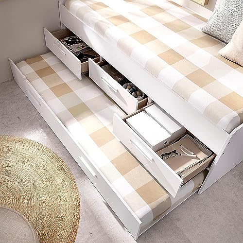 Mobelcenter, Cama Nido con Cajones Blanca, Cama Nido Juvenil, Cama Compacta con Cajones y Cama Nido, Cama Infantil. Medidas: Ancho: 194,5 cm. x Alto: 67,5 cm. x Fondo: 95 cm (1421)