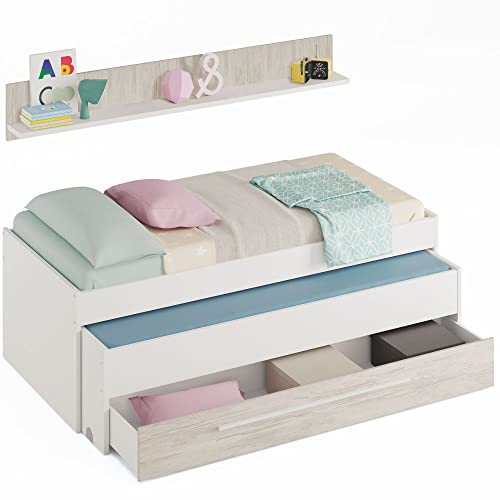 MOBELCENTER, Cama Nido Juvenil Elliot 2 Camas 1 Cajón 1 Estante, Cama Doble Juvenil con 2 Camas 1 Cajón, Color Blanco Artik y Blanco Velho, Medidas: Ancho: 199 cm x Fondo: 96 cm x Alto: 65 cm (1383)