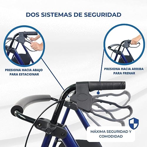 Mobiclinic®, Andador para adultos, Plegable, Ligero, De aluminio, Ligero, Regulable patas y asiento, Con asiento y 4 ruedas, Marca Española, Con sujeta bastones, Con cesta, Regulable, Augusto, Azul