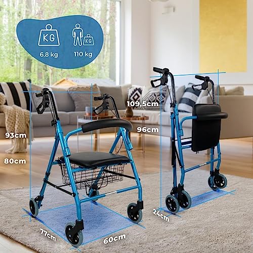 Mobiclinic, Andador para ancianos, Modelo Escorial, Marca española, Plegable, Frenos manuales y bloqueables, Aluminio, Con cesta, Ligero y resistente, Con asiento, 4 ruedas, color Azul