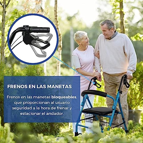 Mobiclinic, Andador para ancianos, Modelo Escorial, Marca española, Plegable, Frenos manuales y bloqueables, Aluminio, Con cesta, Ligero y resistente, Con asiento, 4 ruedas, color Azul