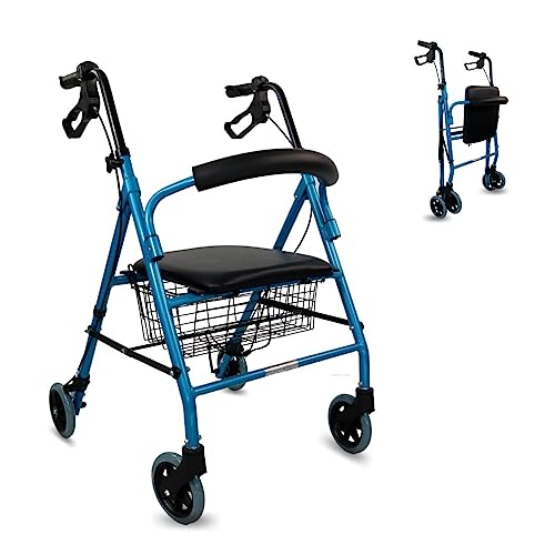 Mobiclinic, Andador para ancianos, Modelo Escorial, Marca española, Plegable, Frenos manuales y bloqueables, Aluminio, Con cesta, Ligero y resistente, Con asiento, 4 ruedas, color Azul