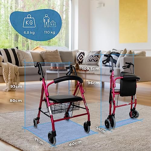 Mobiclinic, Andador para ancianos, Modelo Escorial, Marca española, Plegable, Frenos manuales y bloqueables, Aluminio, Con cesta, Ligero y resistente, Con asiento, 4 ruedas, color Rosa