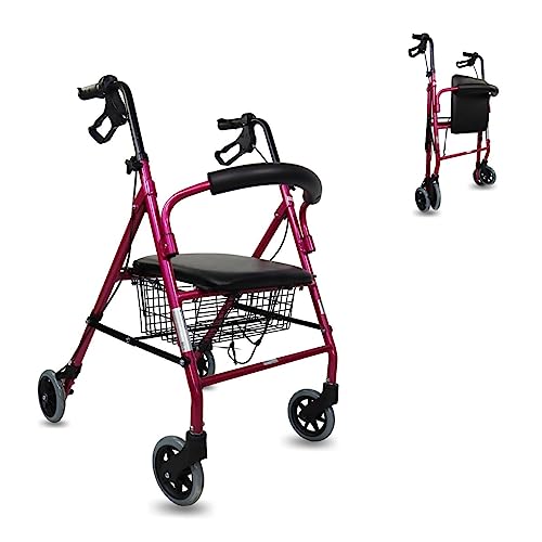 Mobiclinic, Andador para ancianos, Modelo Escorial, Marca española, Plegable, Frenos manuales y bloqueables, Aluminio, Con cesta, Ligero y resistente, Con asiento, 4 ruedas, color Rosa