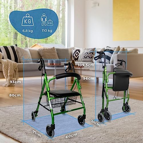 Mobiclinic, Andador para ancianos, Modelo Escorial, Marca española, Plegable, Frenos manuales y bloqueables, Aluminio, Con cesta, Ligero y resistente, Con asiento, 4 ruedas, color Verde