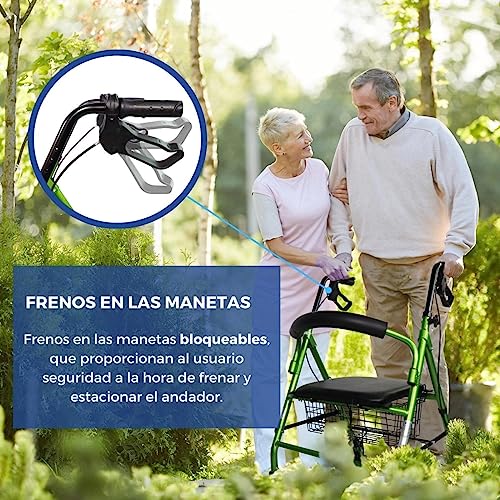 Mobiclinic, Andador para ancianos, Modelo Escorial, Marca española, Plegable, Frenos manuales y bloqueables, Aluminio, Con cesta, Ligero y resistente, Con asiento, 4 ruedas, color Verde