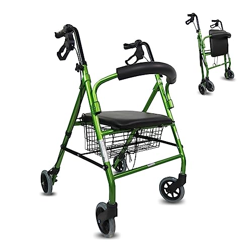 Mobiclinic, Andador para ancianos, Modelo Escorial, Marca española, Plegable, Frenos manuales y bloqueables, Aluminio, Con cesta, Ligero y resistente, Con asiento, 4 ruedas, color Verde