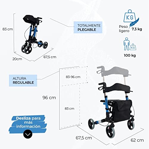 Mobiclinic®, Andador Rollator de 4 ruedas, Plegable, Ligero, con Asiento y Bolsa, Andador Caminador, Andador para adultos, minusválidos, de Aluminio, Marca Española, Modelo Trajano, Color Celeste