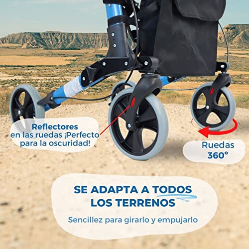 Mobiclinic®, Andador Rollator de 4 ruedas, Plegable, Ligero, con Asiento y Bolsa, Andador Caminador, Andador para adultos, minusválidos, de Aluminio, Marca Española, Modelo Trajano, Color Celeste