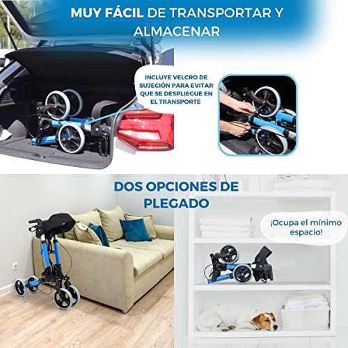 Mobiclinic®, Andador Rollator de 4 ruedas, Plegable, Ligero, con Asiento y Bolsa, Andador Caminador, Andador para adultos, minusválidos, de Aluminio, Marca Española, Modelo Trajano, Color Celeste