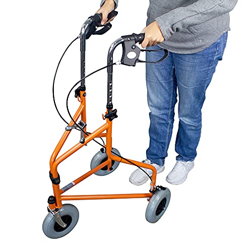 Mobiclinic, Modelo Caleta, Andador para ancianos, mayores y minusválidos, Rollator de acero, andador caminador, ligero, regulable en altura, frenos en las manetas, plegable, cesta, 3 ruedas, naranja