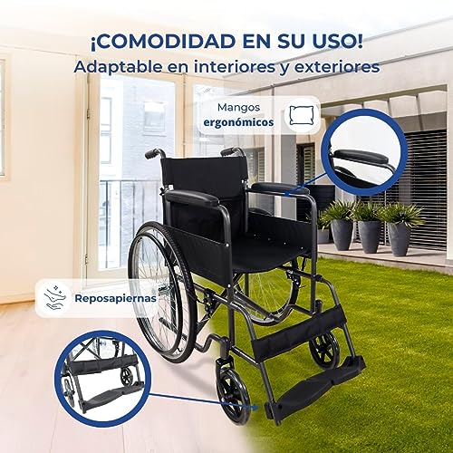 Mobiclinic®, Silla de ruedas plegable, Denver, Marca Española, Asiento 46 cm, Freno manual, Respaldo desmontable, Reposapiés abatibles, Resistente, Reposabrazos acolchado, Color Gris