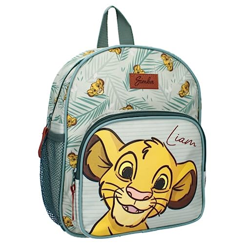 Mochila de guardería personalizada con el nombre Disney Rey León Simba | Mochila pequeña para niños y niñas | Mochila de ocio con bolsillos laterales de malla, verde