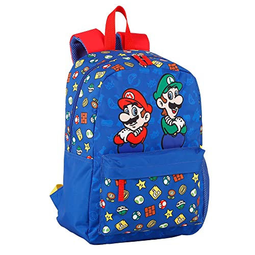 Mochila Escolar Super Mario y Luigi - Doble Compartimento y 2 Bolsillos Frontales - 2 Bolsillos Laterales - Detalles Reflectantes - Interior Forrado - 40 x 30 x 16 cm - Toybags