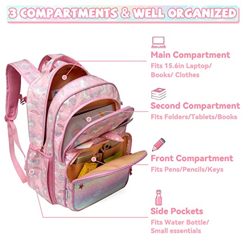 Mochila Niña, VASCHY Mochila Unicornio Niña Mochila Escolar para Niñas de 6-10 Años Mochila Infantil Resistente al Agua con Compartimento para Tableta y Clip Delantero para Escuela Viaje, Rosa