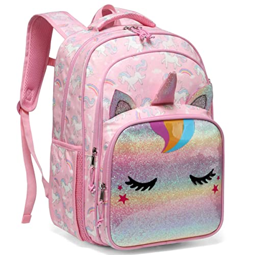 Mochila Niña, VASCHY Mochila Unicornio Niña Mochila Escolar para Niñas de 6-10 Años Mochila Infantil Resistente al Agua con Compartimento para Tableta y Clip Delantero para Escuela Viaje, Rosa