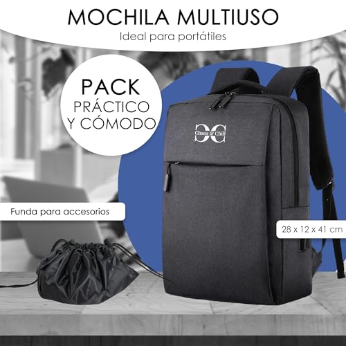 Mochila para Ordenador Portátil Impermeable negra 15.6 pulgadas para Hombre y Mujer. Mochila de Trabajo con Puerto USB para Universidad e Instituto que incluye Funda para Accesorios del Pc.