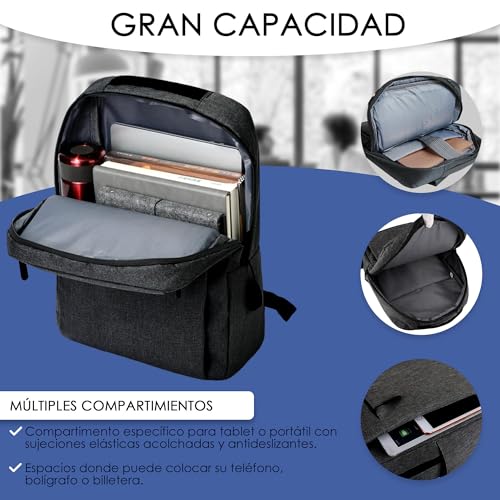 Mochila para Ordenador Portátil Impermeable negra 15.6 pulgadas para Hombre y Mujer. Mochila de Trabajo con Puerto USB para Universidad e Instituto que incluye Funda para Accesorios del Pc.