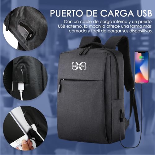 Mochila para Ordenador Portátil Impermeable negra 15.6 pulgadas para Hombre y Mujer. Mochila de Trabajo con Puerto USB para Universidad e Instituto que incluye Funda para Accesorios del Pc.