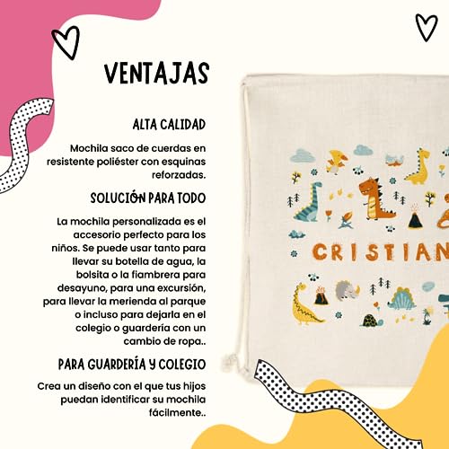 Mochila saco niño personalizada diseño dinosaurios. Mochila de cuerdas infantil para la Vuelta al cole o guardería.