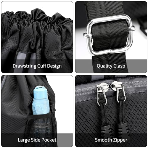 Mochilas de Cuerdas Hombre, Bolsa Deporte Mujer, Grande Bolsa Saco Playa Ajustable, Fútbol Mochila con Compartimento Zapatos, Bolsa Gimnasio con Bolsillo para Viajes Yoga Playa, 47x15x32cm (Negro)