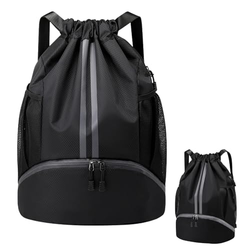 Mochilas de Cuerdas Hombre, Bolsa Deporte Mujer, Grande Bolsa Saco Playa Ajustable, Fútbol Mochila con Compartimento Zapatos, Bolsa Gimnasio con Bolsillo para Viajes Yoga Playa, 47x15x32cm (Negro)