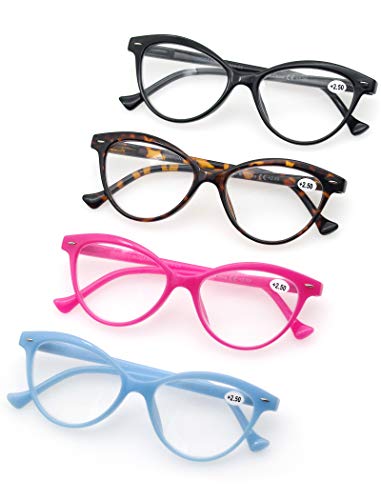 MODFANS Un Pack de Cuatro Gafas de Lectura 2.0 para Mujeres - Buena Vision Ligeras Comodas,Vista de Cerca/Vista Cansada,Cat Eye,Colores Negro-Marron-Rosa-Azul