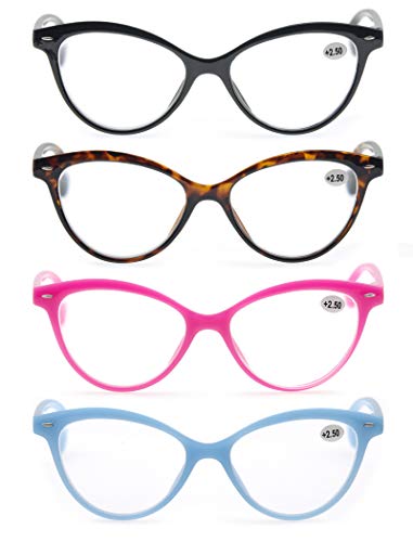 MODFANS Un Pack de Cuatro Gafas de Lectura 2.0 para Mujeres - Buena Vision Ligeras Comodas,Vista de Cerca/Vista Cansada,Cat Eye,Colores Negro-Marron-Rosa-Azul