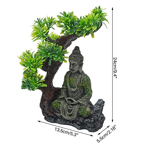 MOGOULUA Decoración de la estatua de Buda del acuario sentado con estatua de árbol de Bodhi de alta simulación escondite de peces subacuático, adorno de paisaje de pecera decoración