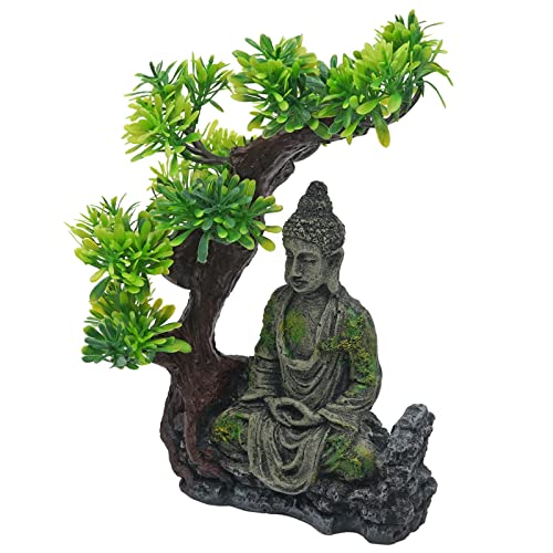 MOGOULUA Estatua de Buda para pecera, decoración de Buda sentado con árbol Bodhi, adorno de acuario, estatua de Buda antiguo, escultura de paisaje submarino